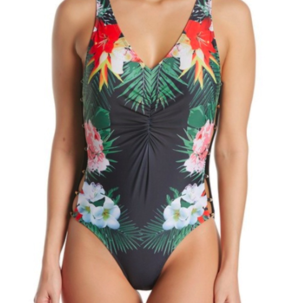 NWT Nicole Miller New York Caged Floral One-Piece Swimsuit Swimwear Size…